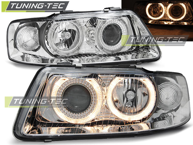 Phares Angel Eyes chromés compatibles avec Audi A3 09.00-05.03