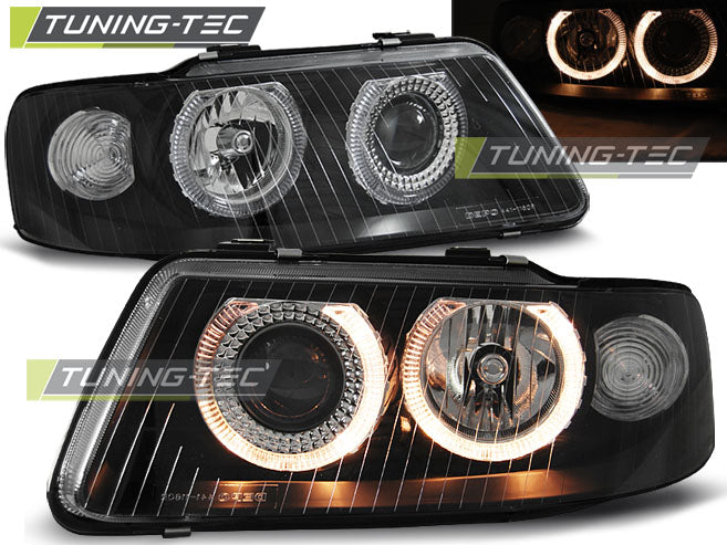 Phares Angel Eyes noirs compatibles avec Audi A3 00-03