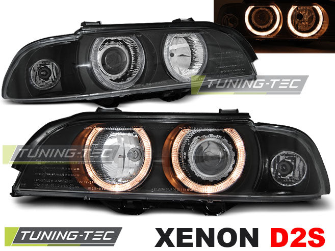 Phares au xénon Angel Eyes noirs compatibles BMW E39 09.95-06.03