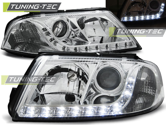 Phares chromés à feux de jour compatibles avec VW Passat 3BG B5 FL 09.00-03.05