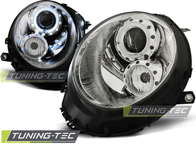Phares Angel Eyes chromés compatibles BMW Mini (Cooper) 06-14