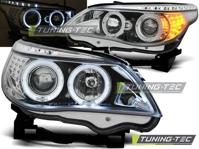 Phares Angel Eyes chromés avec clignotants LED compatibles BMW E60/E61 03-07