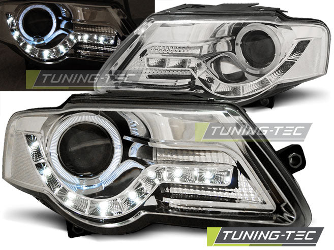 Phares chromés à feux de jour compatibles avec VW Passat B6 3C 03.05-10