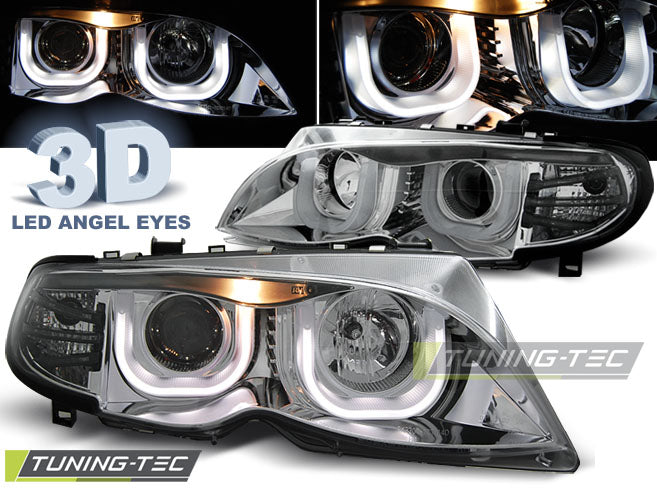 Phares Angel Eyes chromés 3D compatibles BMW E46 09.01-03.05 S/T