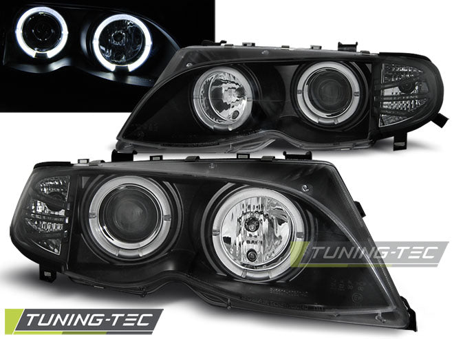 Phares Angel Eyes noirs compatibles BMW E46 09.01-03.05