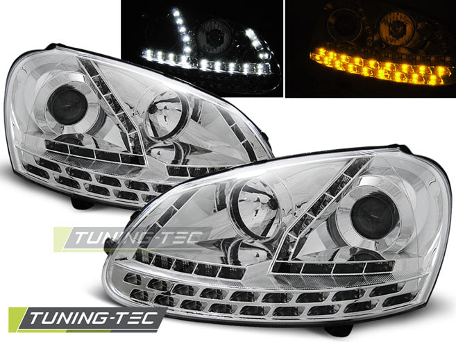Phares chromés à feux de jour compatibles avec VW Golf 5 03-08