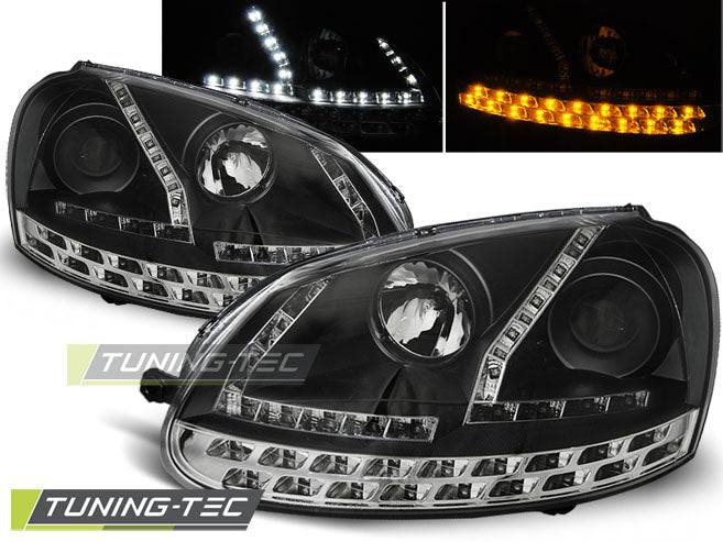 Phares avant noirs à feux de jour compatibles avec VW Golf 5 03-08