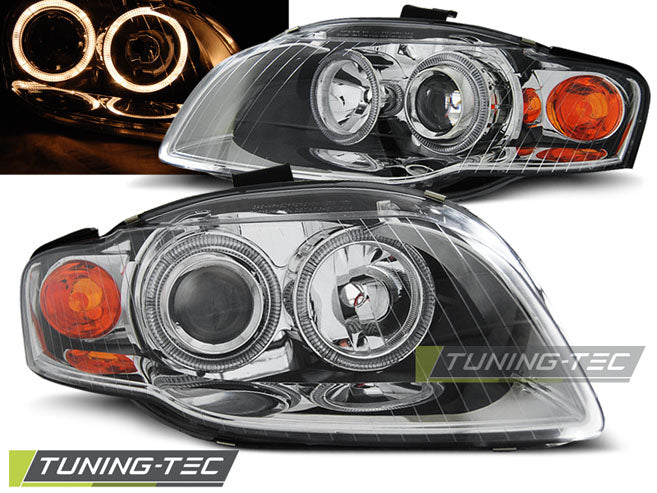 Phares Angel Eyes chromés compatibles avec Audi A4 B7 11.04-03.08