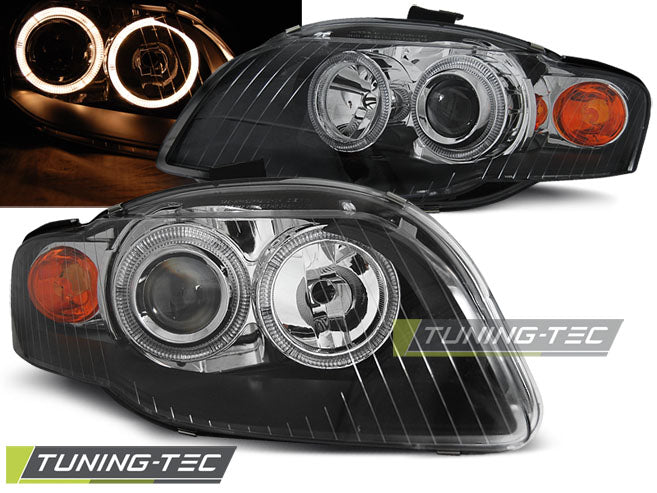 Phares Angel Eyes noirs compatibles avec Audi A4 B7 11.04-03.08