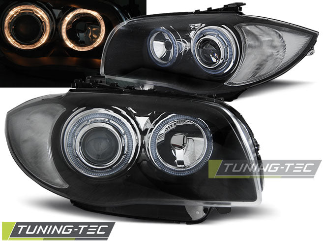 Phares Angel Eyes noirs compatibles BMW Série 1 E87/E81/82/88 04-11