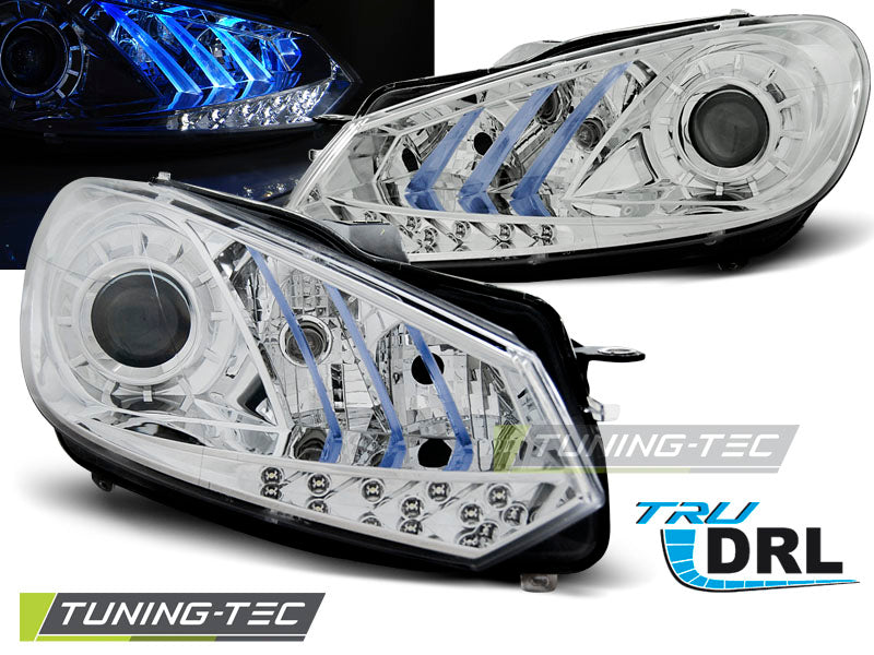 Phares avec feux de jour chromés à lumière bleue, compatibles avec VW Golf 6 (2010-2012).