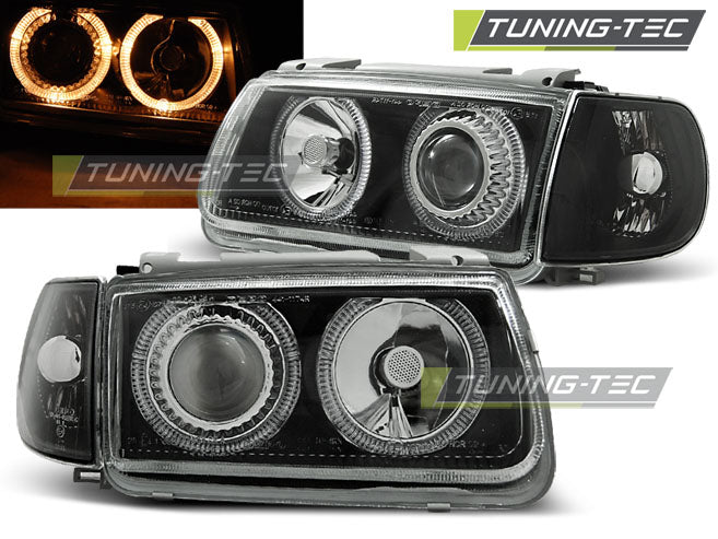 Phares Angel Eyes noirs compatibles avec VW Polo 6N 10.94-09.99