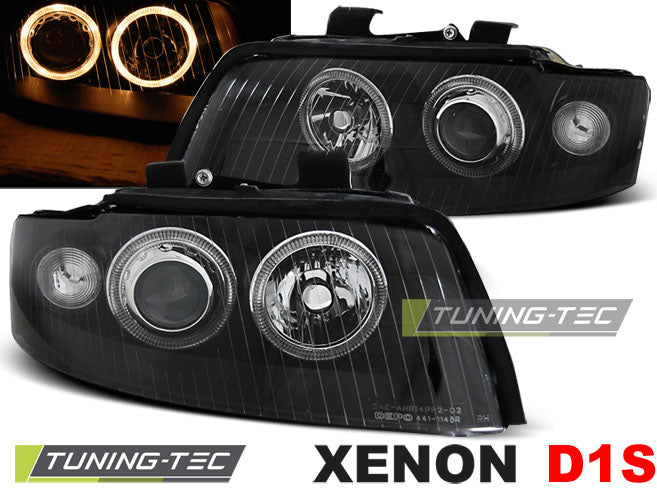Phares au xénon Angel Eyes noirs compatibles avec Audi A4 10.00-10.04