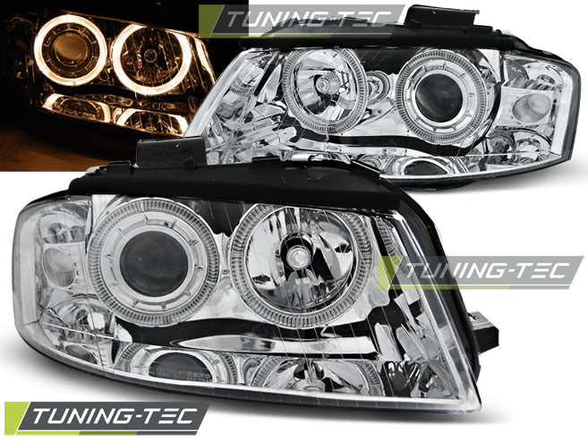 Phares Angel Eyes chromés compatibles avec Audi A3 8P 05.03-03.08
