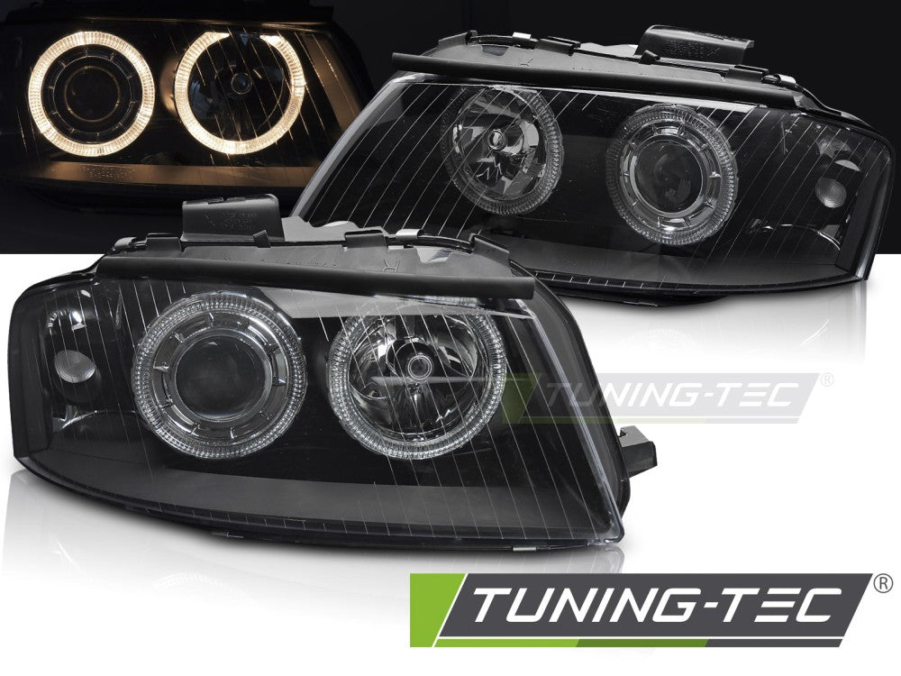 Phares Angel Eyes noirs compatibles avec Audi A3 8P 05.03-03.08