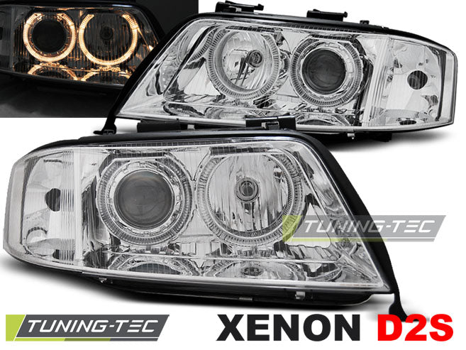 Phares au xénon avec feux de jour chromés (Angel Eyes) compatibles avec Audi A6 (05.97-09.99)