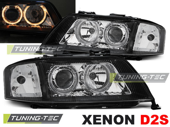 Phares au xénon Angel Eyes noirs compatibles avec Audi A6 05.97-09.99