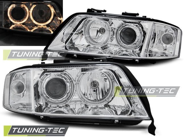 Phares Angel Eyes chromés compatibles avec Audi A6 06.01-05.04