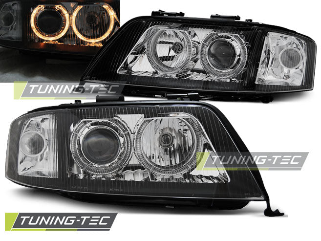Phares Angel Eyes noirs compatibles avec Audi A6 06.01-05.04