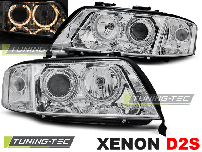 Phares au xénon Angel Eyes chromés compatibles avec Audi A6 01-04