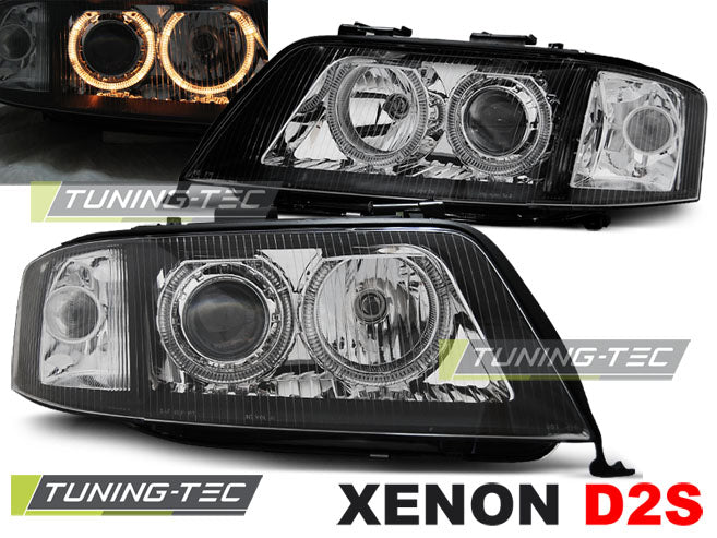 Phares au xénon Angel Eyes noirs compatibles avec Audi A6 06.01-05.04