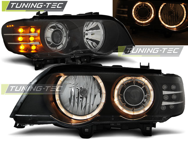 Phares Angel Eyes noirs avec clignotants LED compatibles BMW X5 E53 09.99-10.03