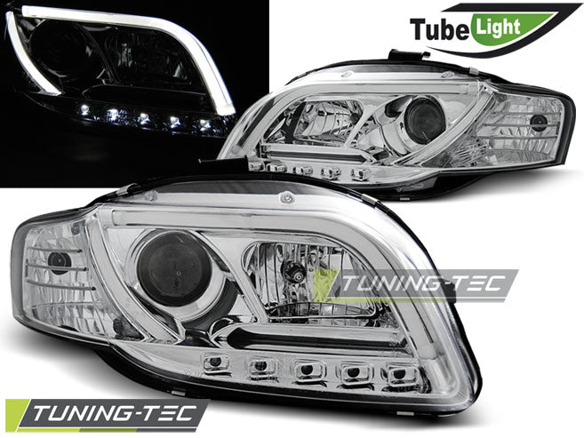 Phares tubulaires chromés compatibles avec Audi A4 B7 11.04-03.08