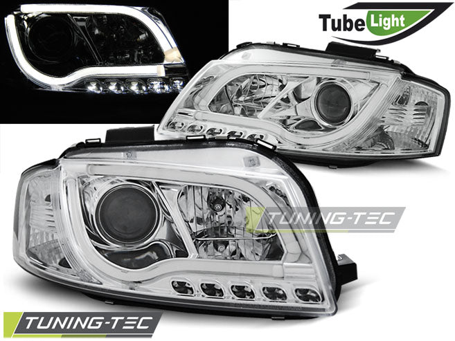 Phares tubulaires chromés compatibles avec Audi A3 8P 05.03-03.08