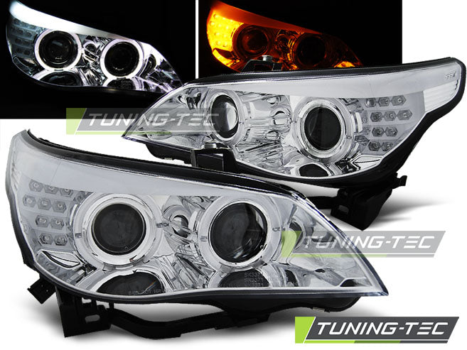 Phares Angel Eyes chromés avec clignotants LED pour BMW E60/E61 03-07