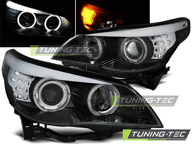 Phares Angel Eyes noirs avec clignotants LED compatibles BMW E60/E61 03-07