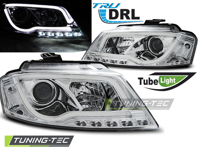 Phares tubulaires chromés avec feux de jour (DRL) compatibles avec Audi A3 8P 08-12
