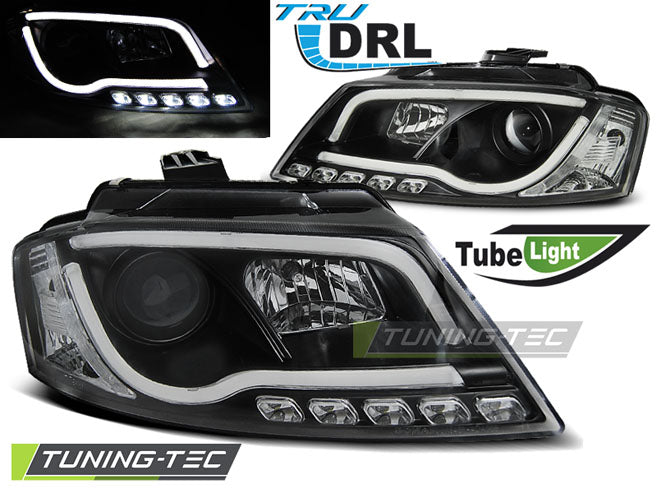 Phares tubulaires avec feux de jour noirs compatibles avec Audi A3 8P 08-12
