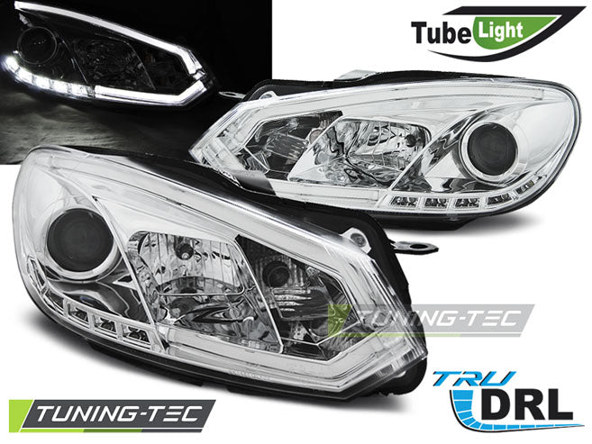 Phares tubulaires chromés avec feux de jour (DRL) compatibles avec VW Golf 6 10.08-12