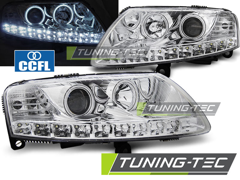 Phares Angel Eyes LED chromés compatibles avec Audi A6 C6 04.04-08
