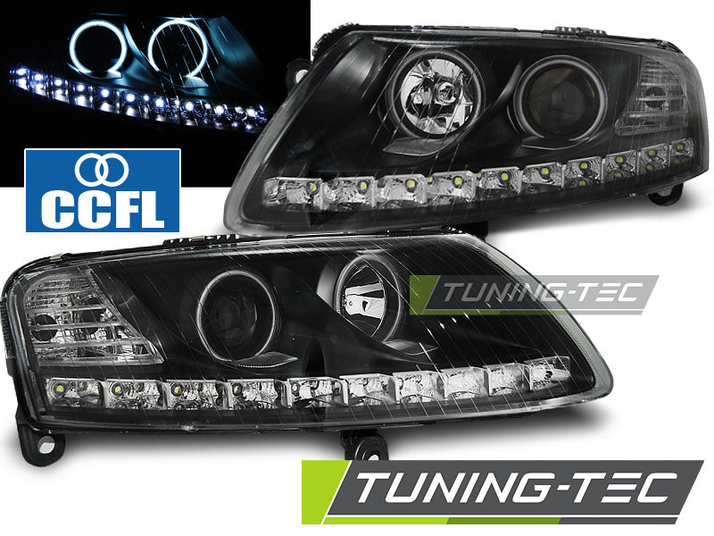 Phares Angel Eyes LED noirs compatibles avec Audi A6 C6 04.04-08
