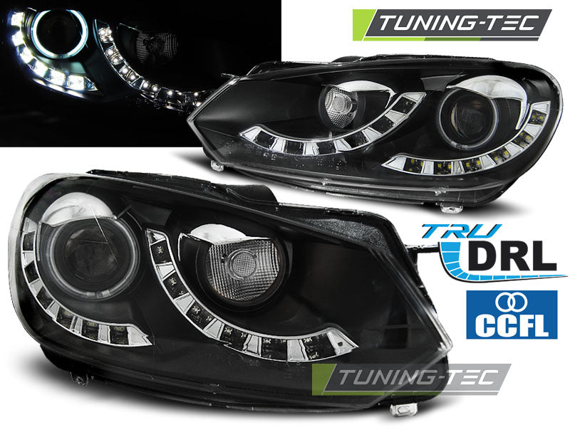 Phares avant simples avec feux de jour noirs, compatibles avec VW Golf 6 (2010-2012).