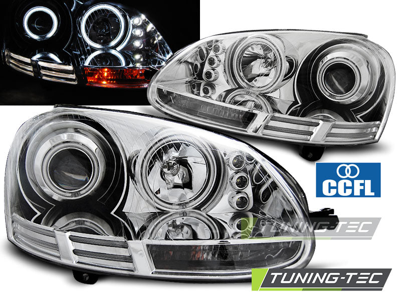 Phares Angel Eyes CCFL chromés compatibles avec VW Golf 5 10.03-09