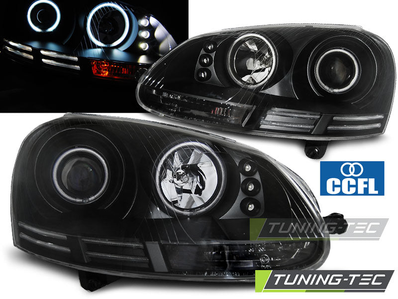 Phares Angel Eyes CCFL noirs compatibles VW Golf 5 10.03-09
