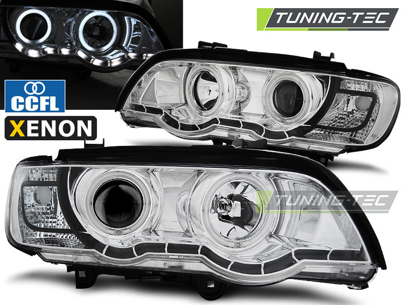 Phares au xénon Angel Eyes chromés compatibles BMW X5 E53 09.99-10.03