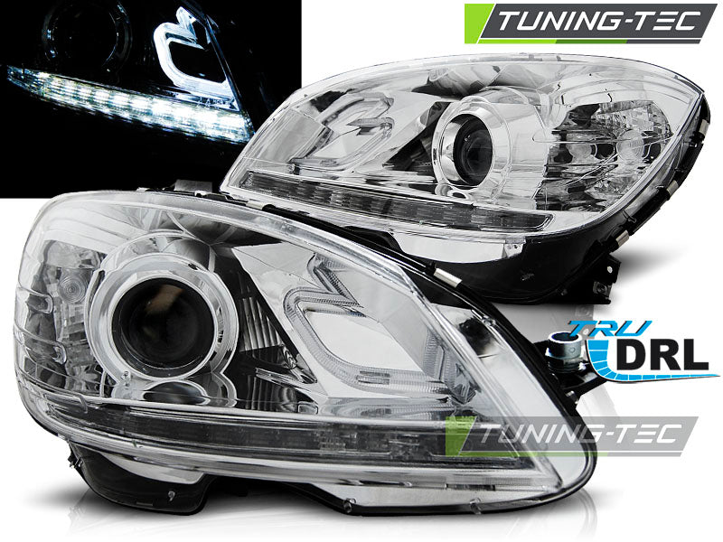 Phares chromés avec feux de jour (DRL) compatibles avec Mercedes W204 07-10