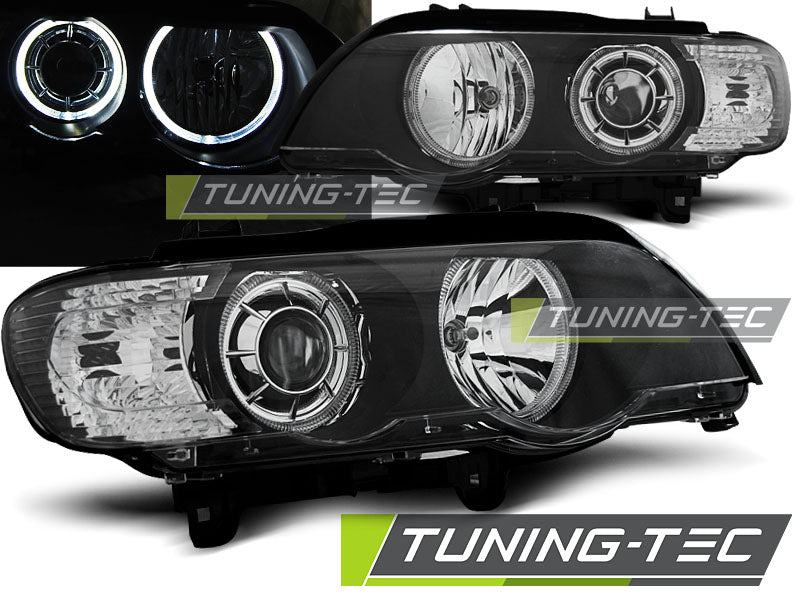 Phares Angel Eyes LED noirs compatibles BMW X5 E53 09.99-10.03