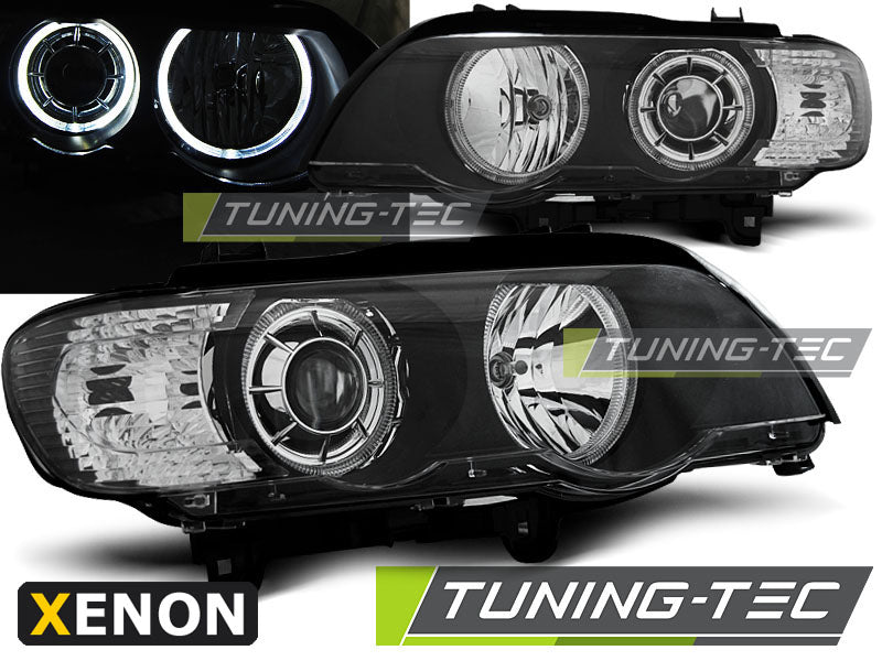 Phares au xénon Angel Eyes LED noirs compatibles BMW X5 E53 09.99-10.03