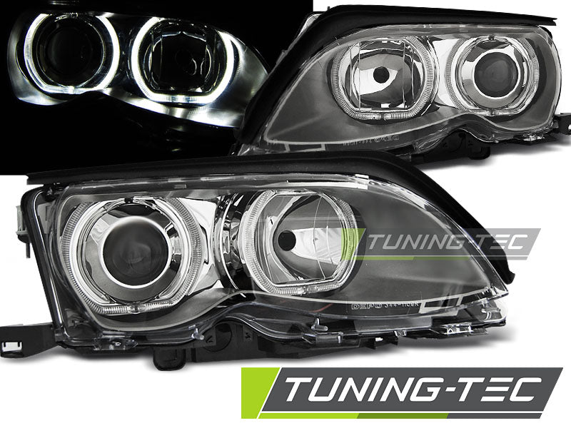 Phares Angel Eyes LED chromés compatibles BMW E46 09.01-03.05
