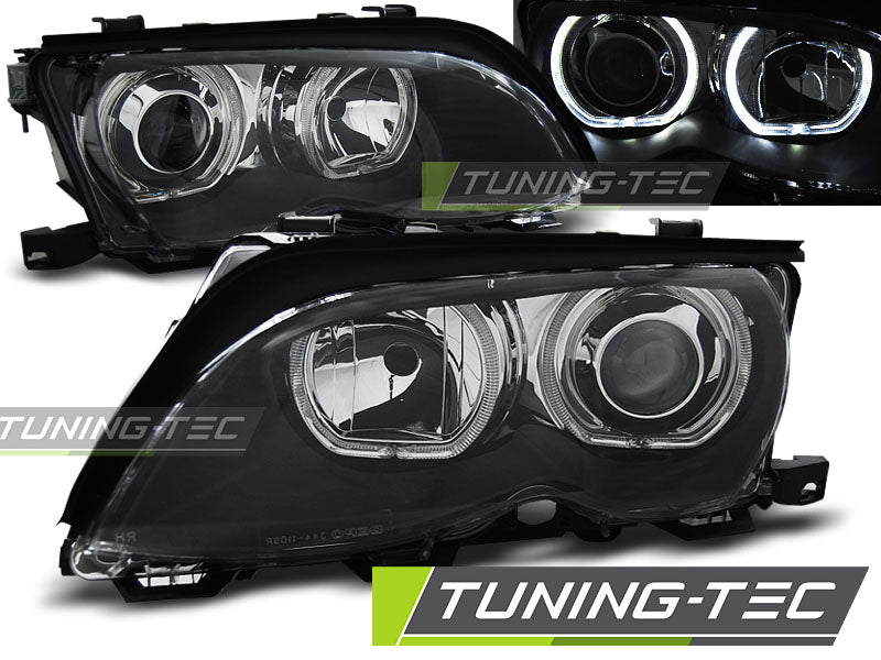 Phares Angel Eyes LED noirs compatibles BMW E46 09.01-03.05