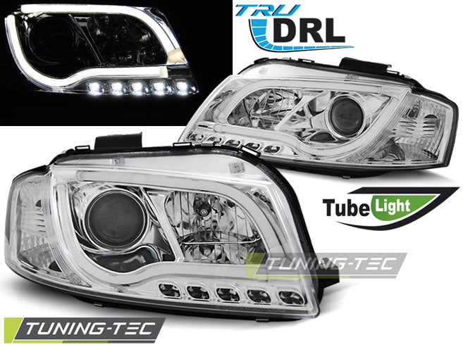 Phares tubulaires chromés avec feux de jour (DRL) compatibles avec Audi A3 8P 05.03-03.08