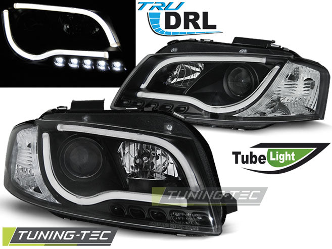 Phares tubulaires avec feux de jour noirs compatibles avec Audi A3 8P 05.03-03.08