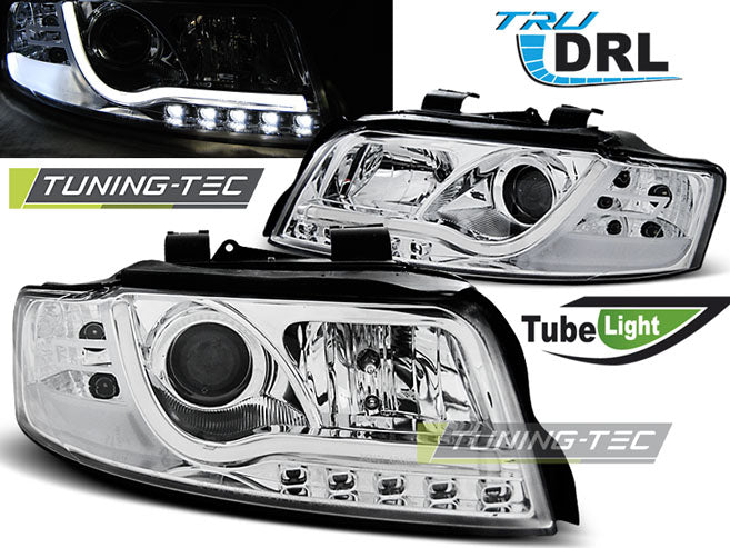 Phares tubulaires chromés avec feux de jour (DRL) compatibles avec Audi A4 10.00-10.04