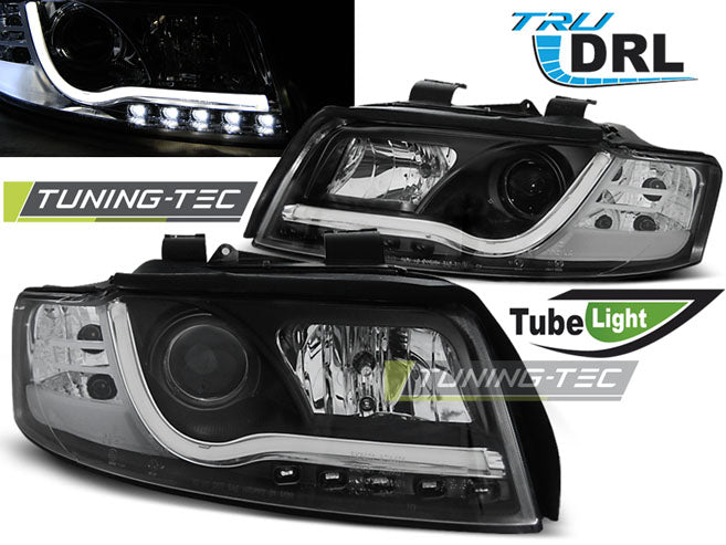 Phares tubulaires avec feux de jour noirs compatibles avec Audi A4 10.00-10.04