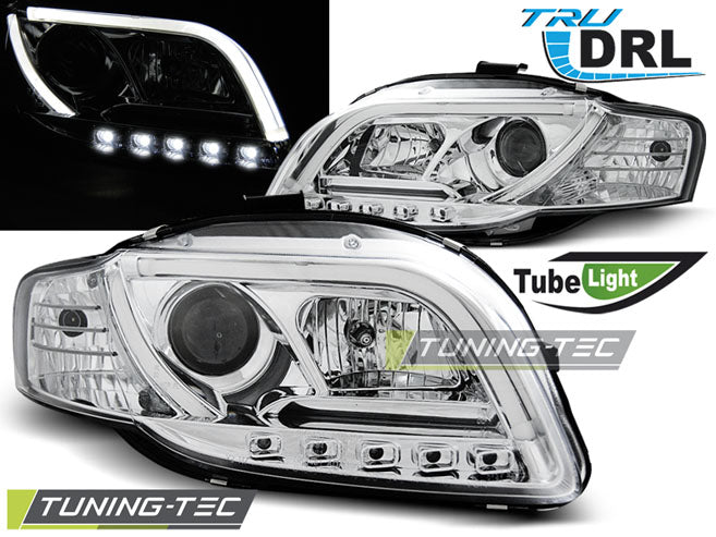 Phares tubulaires chromés avec feux de jour (DRL) compatibles avec Audi A4 B7 11.04-03.08