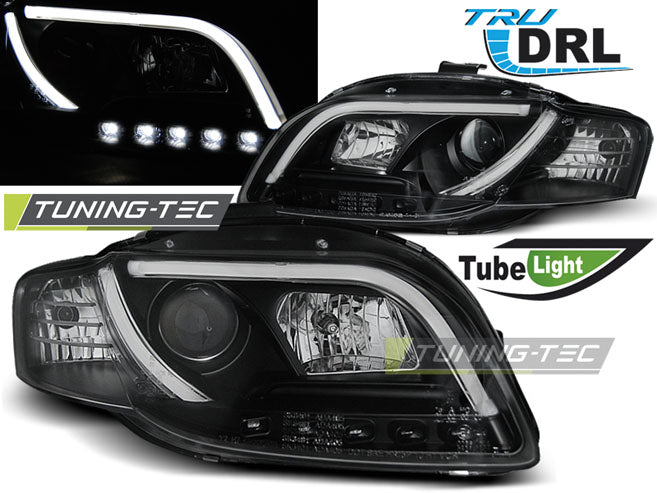 Phares tubulaires avec feux de jour noirs compatibles avec Audi A4 B7 11.04-03.08